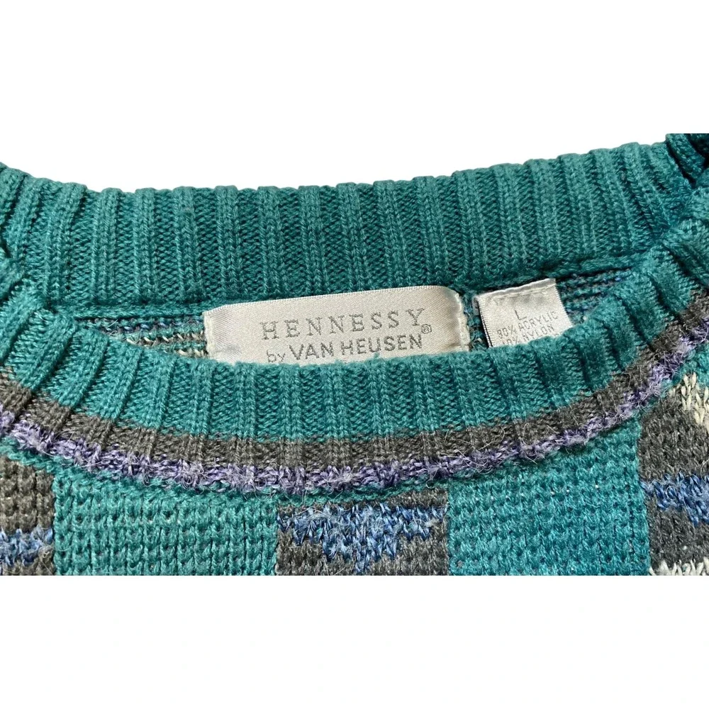 Hennessy‎ Van Heusen Vintage 90s Geometric Knit Sweater Teal Grey Purple Mens L